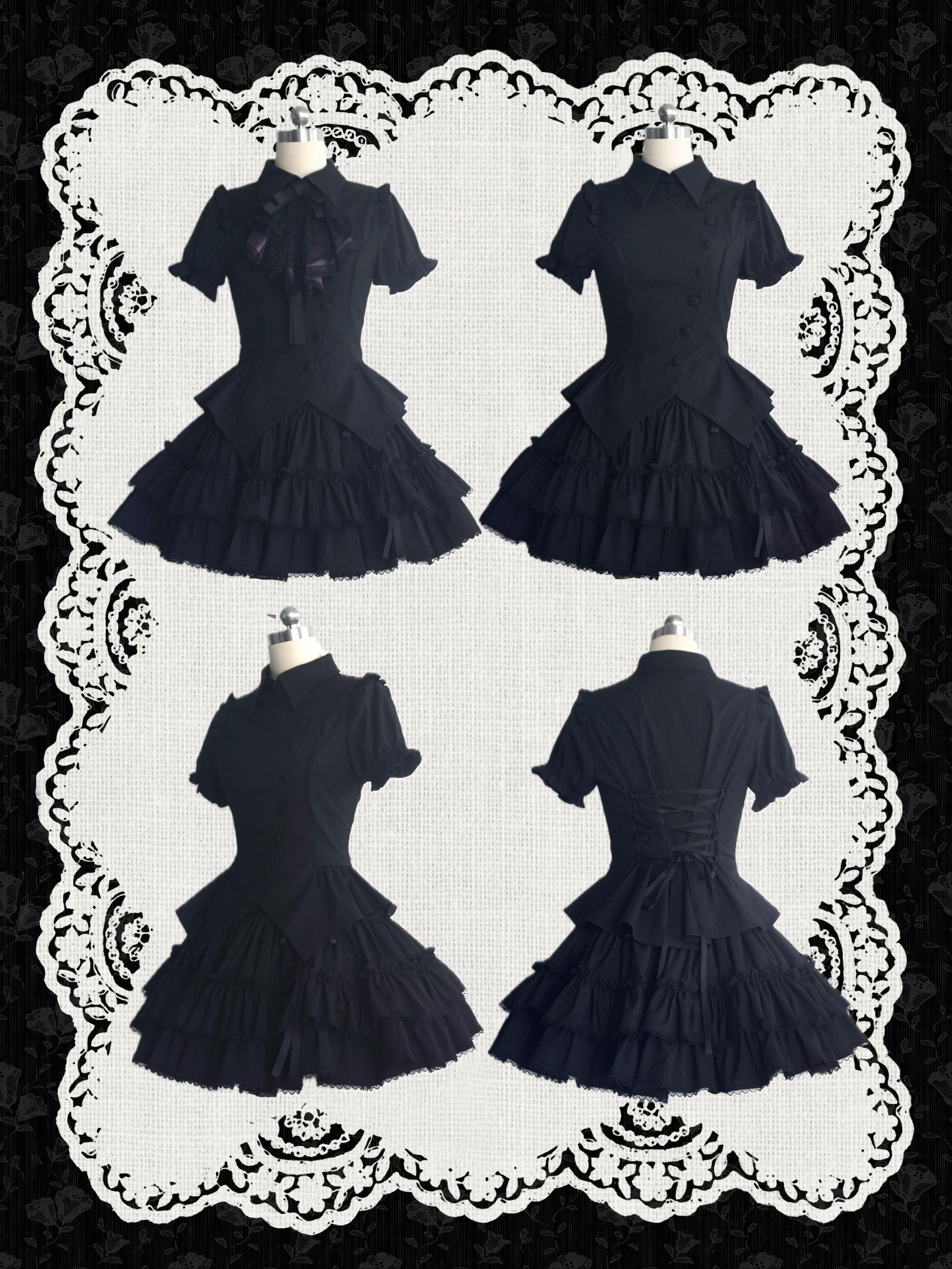 Lyra Nocturne - Gothic Lolita Slanted Placket Shirt Set, Plaid or Striped