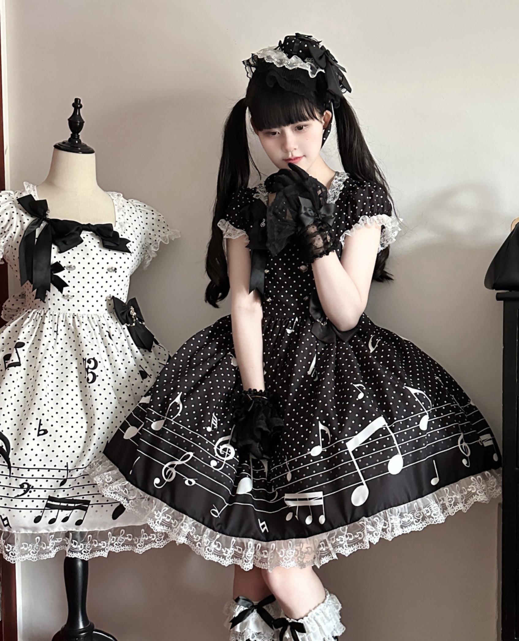 Little Music Note - Old School Lolita Polka Dot Print OP, Lace & Bows
