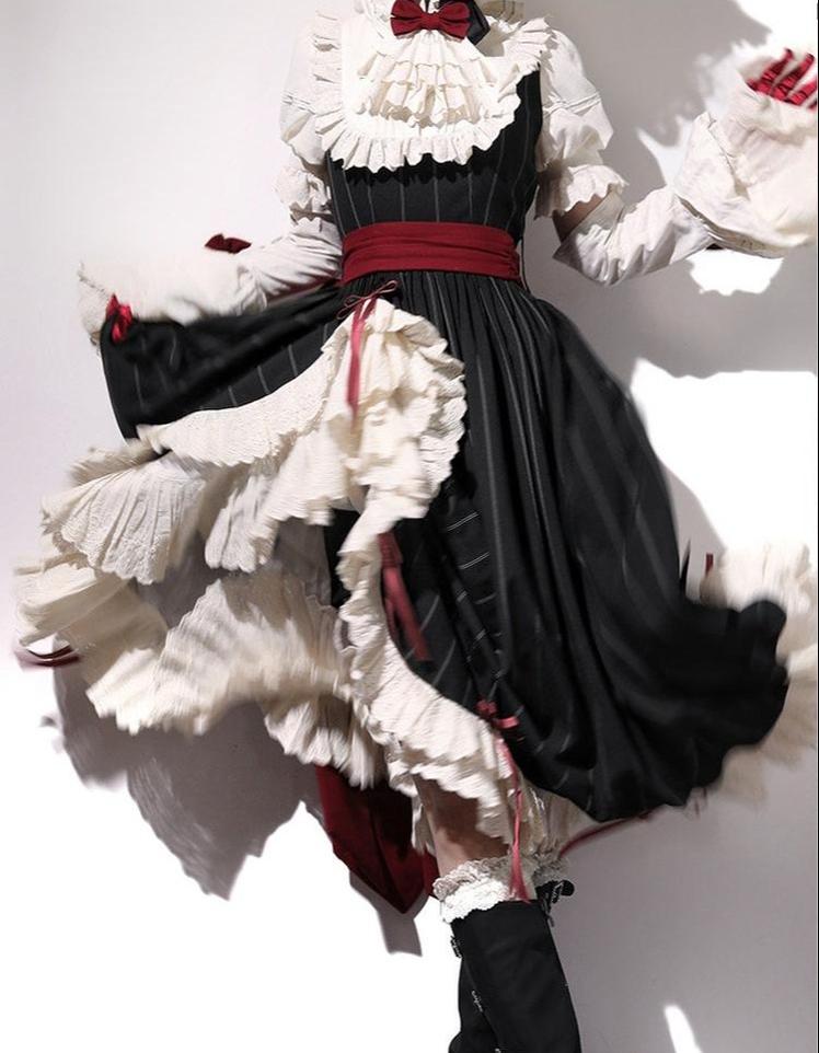 Striped Poem - Gothic Lolita Striped OP Dress with Detachable Sleeves (2XL L M S XL XS) 45403:850500