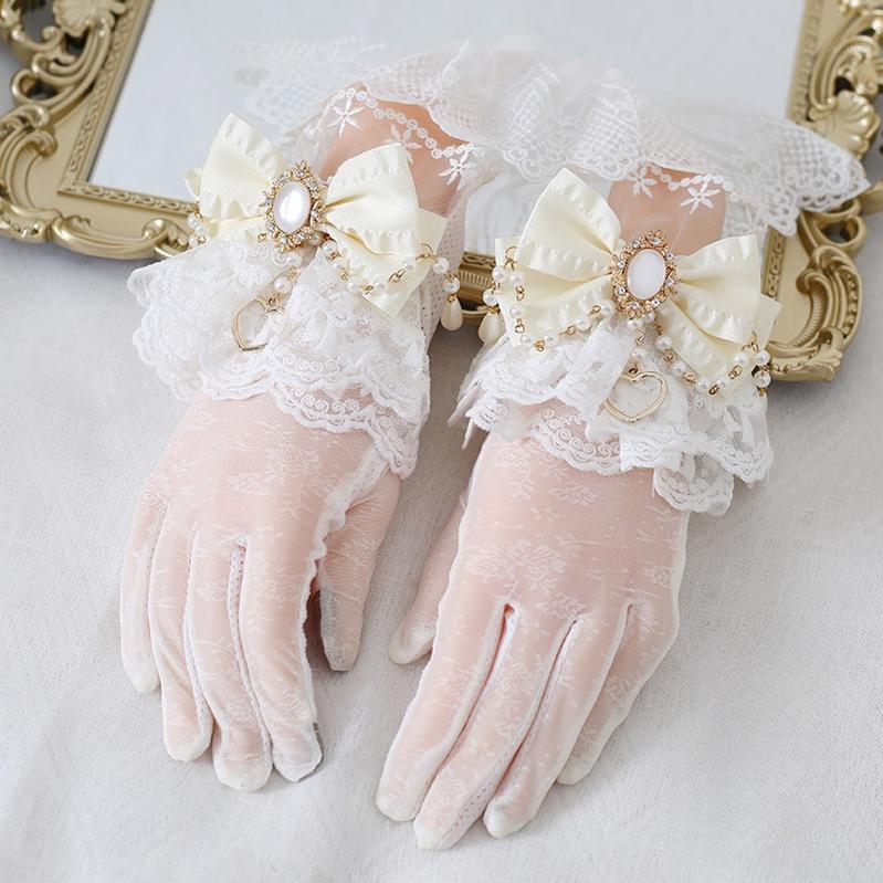 Xiaogui~Vintage Lolita Gloves Lace Bow Bead Chain Sunscreen Gloves creamy yellow  
