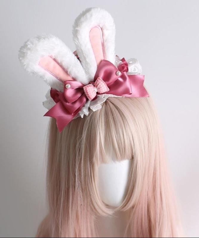 Xiaogui~Sweet Lolita Headdress Pink White Bunny Ear Hair Accessory No.3 - Bunny Ear Top Hat