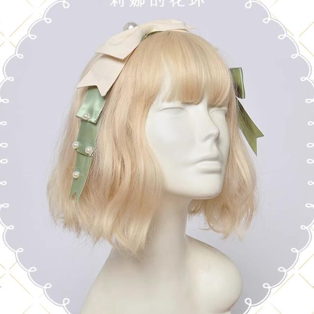 Magic Tea Party - Lena's Garland - Elegant Lolita HeaddressPearl Headband Set with Hair Clip One Size Ivory + green