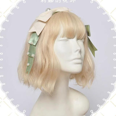 Magic Tea Party~Lena's Garland~Elegant Lolita HeaddressPearl Headband Set with Hair Clip free size Ivory + green 