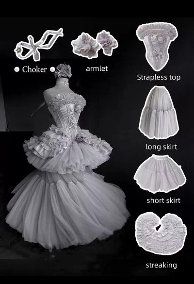 (BFM)POSHEPOSE~Victorian times with You~Elegant Gorgeous Lolita Dress for Summer Wear Floral bandeau top + train + short chiffon skirt + long chiffon skirt with arm cuff +choker XS 