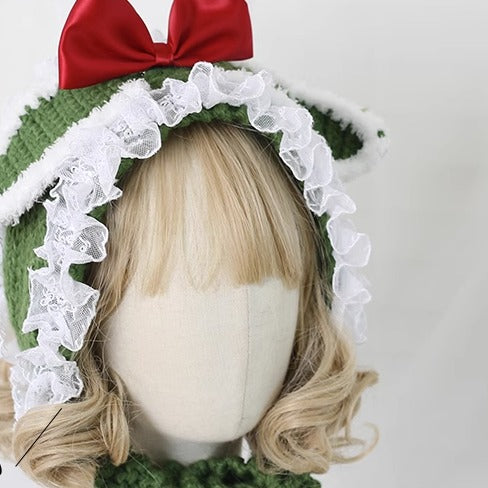 Xiaogui~Kawaii Lolita Bunny Ears Christmas Knit Hat free size (both for kids and adult) green 