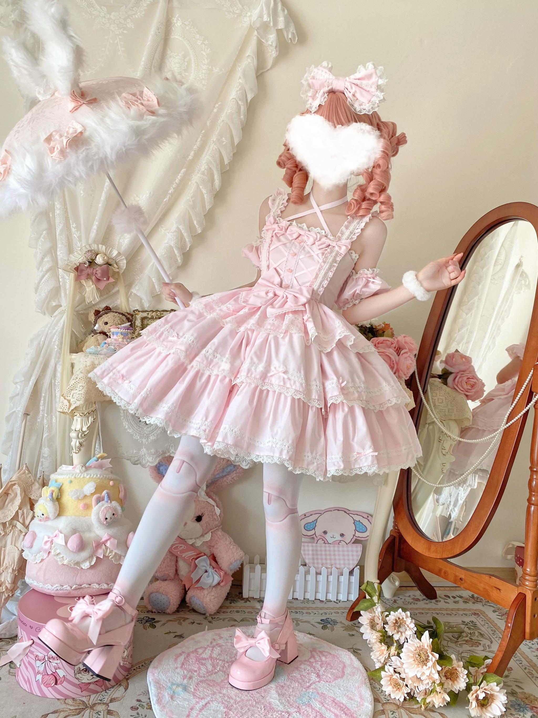 Rose Romance - Pink Sweet Lolita JSK Dress, Tiered Hem 44879:826584