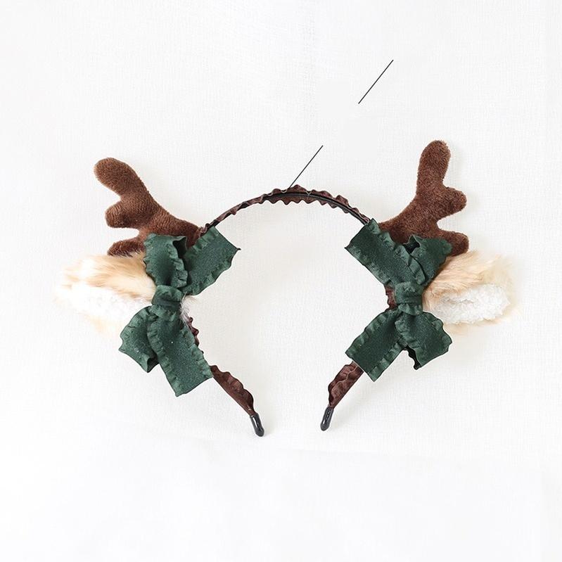 Xiaogui~Christmas Sweet Red Lolita KC Cute Elk Antlers Headwear Dark Green Bow Antler KC  