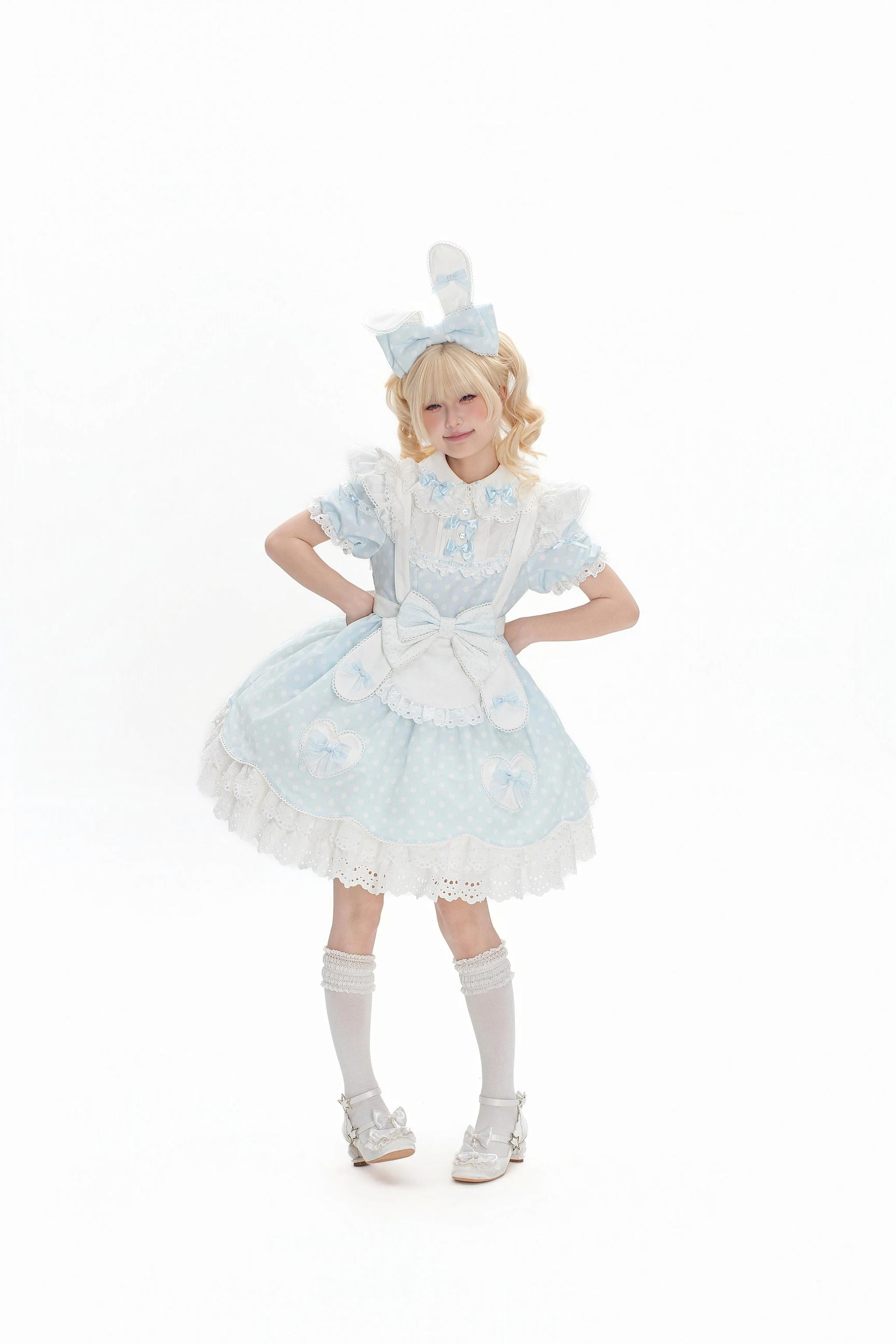 Bunny Kissaten - Four Colors Old School Lolita Polka Dot OP, Bunny Ear Apron 45824:864365