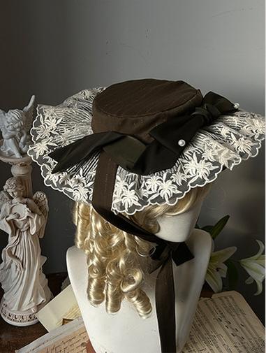 Moon gazing Lily - Classic Lolita Faux Lily Accessories Flat Top Hat Brown