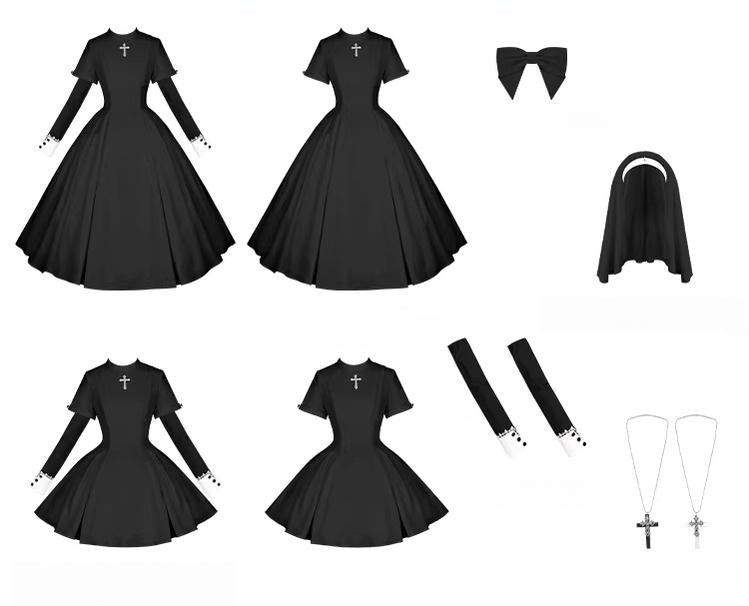Nihil - Gothic Nun Lolita OP Dress, Irregular Hem Cape 44717:820419