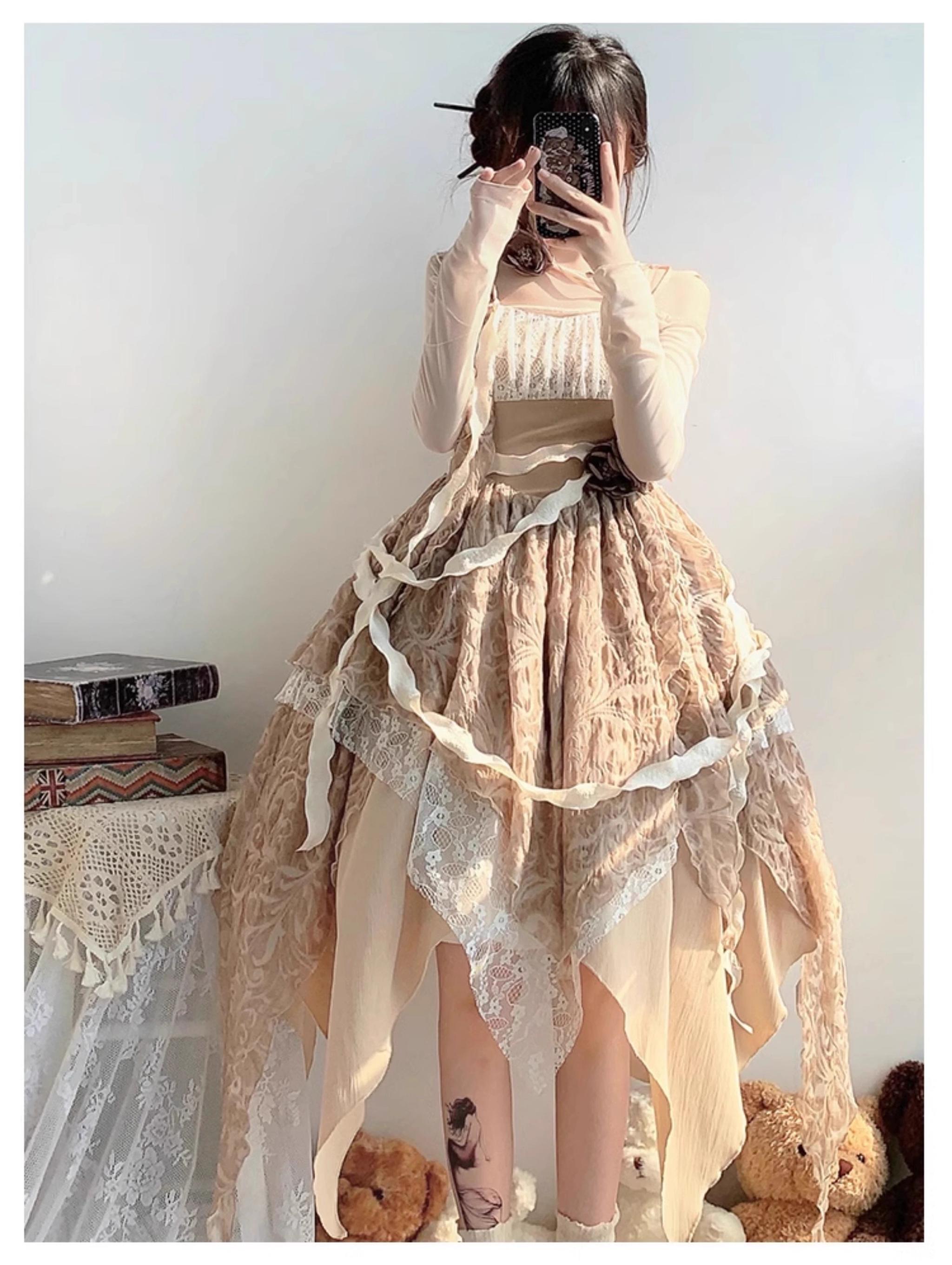 With PUJI - Rose Leaf - Irregular Daily Lolita JSK Dress in Wabi-Sabi Style