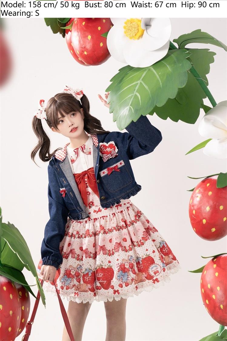 To Alice~Spring Strawberry Bunny~Kawaii Lolita Salopette Dress Hooded Coat and Blouse