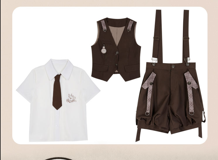 Letters from Unknown Star - Ouji Lolita Brown Short Set S full set (vest+short sleeve shirt+suspender shorts) - pre order