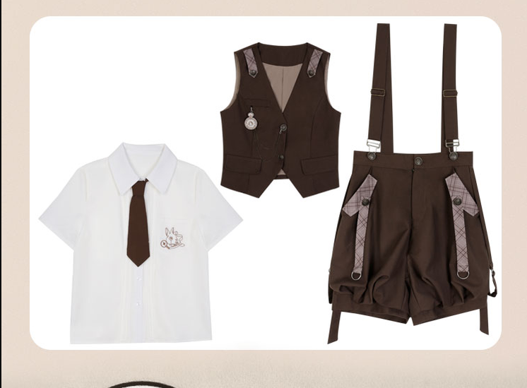 Letters from Unknown Star~Ouji Lolita Brown Short Set S full set (vest+short sleeve shirt(with a tie)+suspender shorts) 