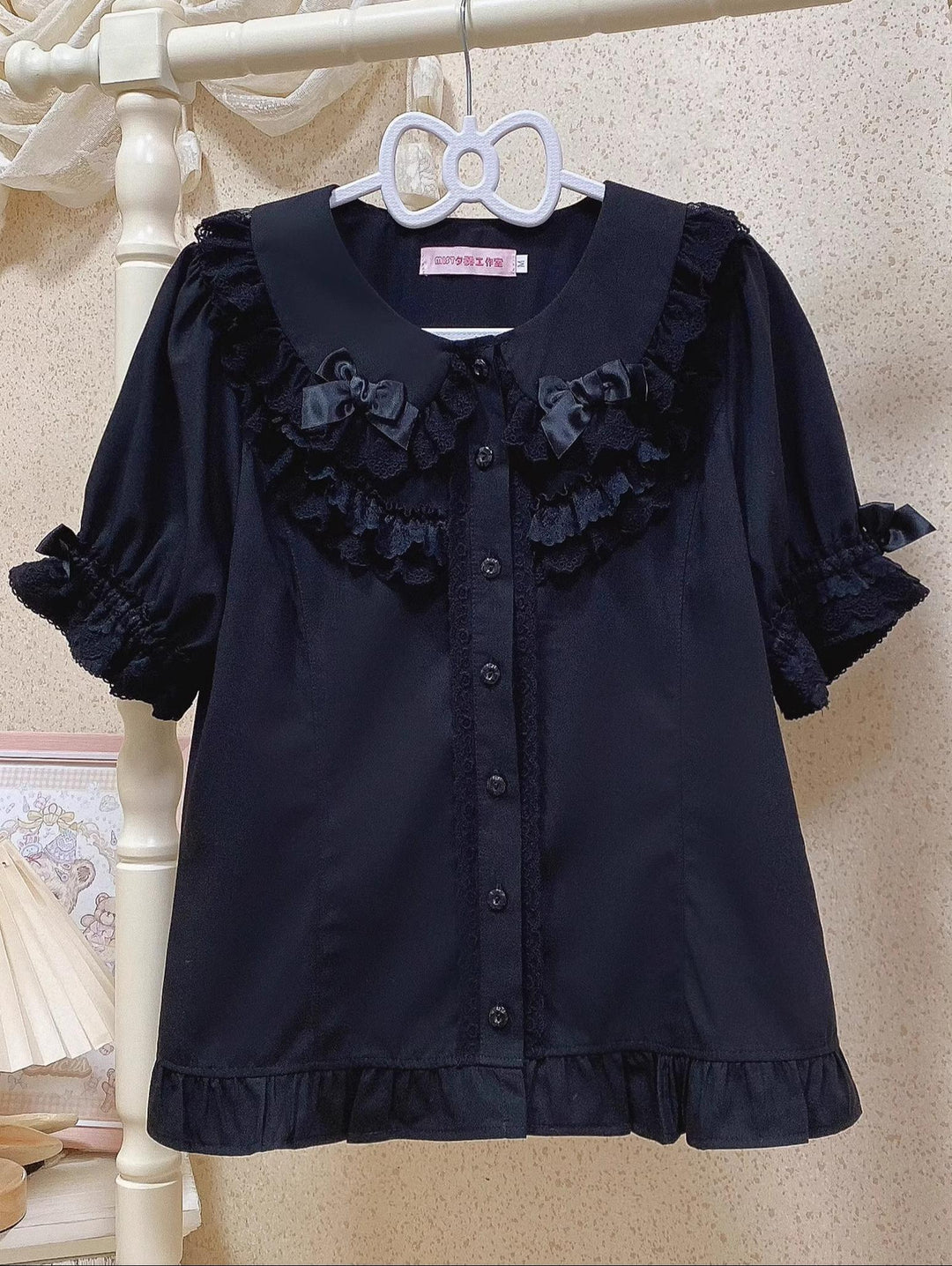 MIST~Summer Time~Kawaii Lolita Shirt with Peter Pan Collar and Short Sleeve Black shirt only S