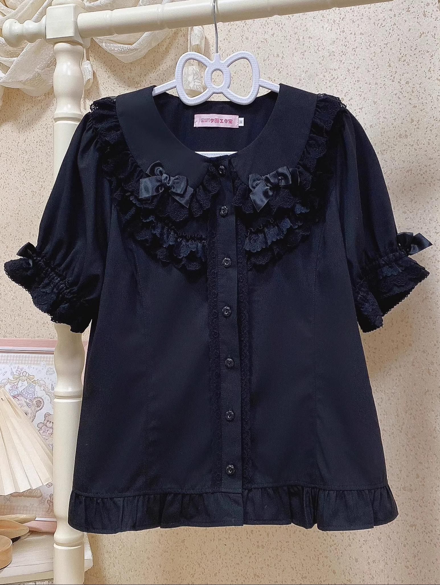 MIST - Summer Time - Kawaii Lolita Shirt with Peter Pan Collar and Short Sleeve Black shirt only S