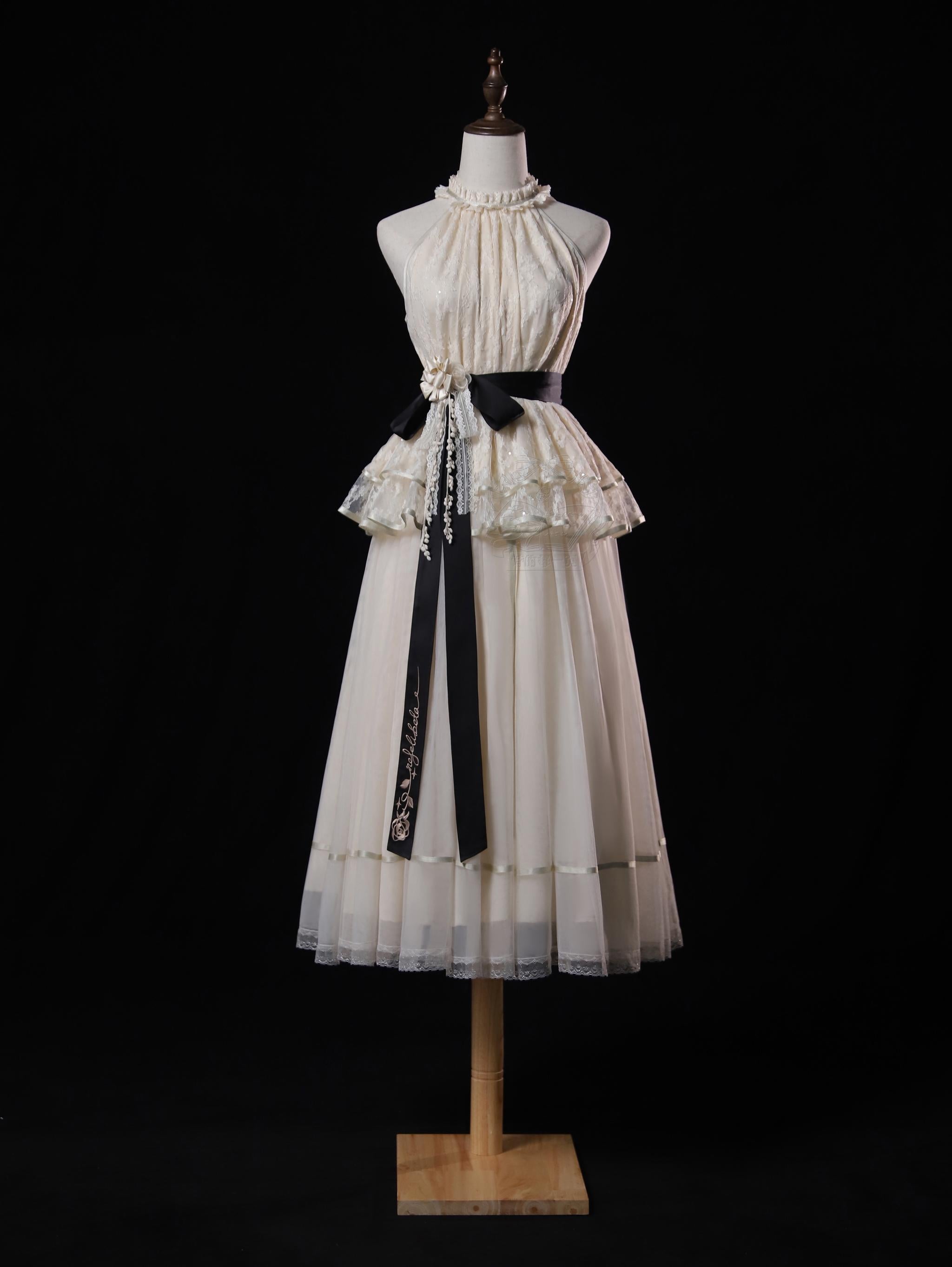 Moonlight Ode - Classic Lolita Lace Halter-neck Blouse & Tulle Skirt Set 45447:849184
