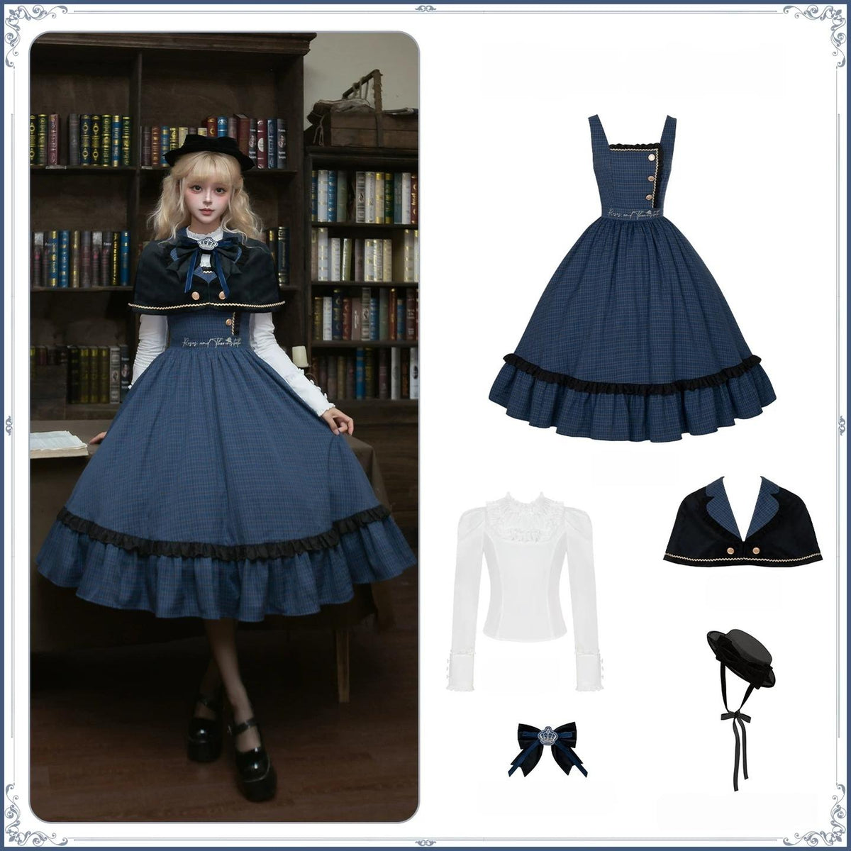 Heide Diary - Classic Lolita Blouse & JSK Dress Set, Blue Plaid (L M S) 46119:875721