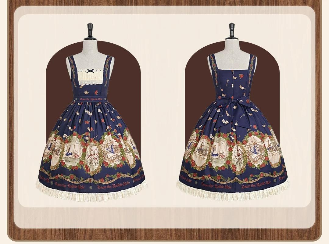 Down the Rabbit Hole - Daily Wear Classic Lolita OP & JSK Dress, Alice in Wonderland Print 46008:871993