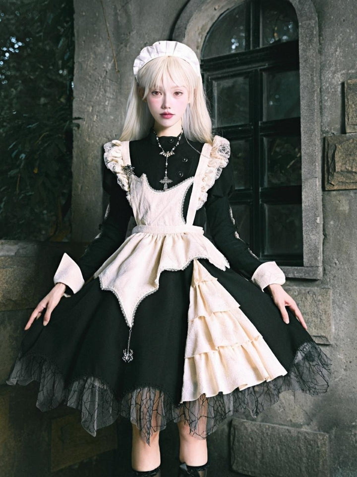 Sakurahime~Spider Dream~Gothic Lolita OP Dress Maid Lolita Built-in Fishbone Detachable Apron OP + Apron + Brooch + Necklace S