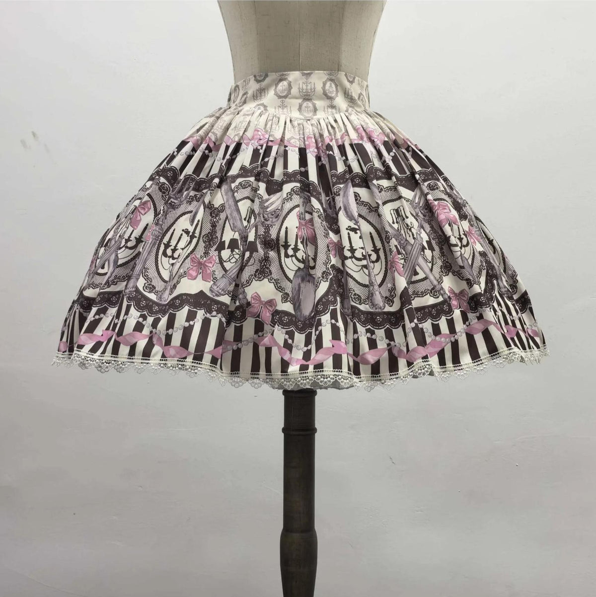 Clara Table - Dark Sweet Lolita SK & JSK Dress Set, Candelabra Tableware Print (White / Pink / 2XL L M S XL) 45979:870527