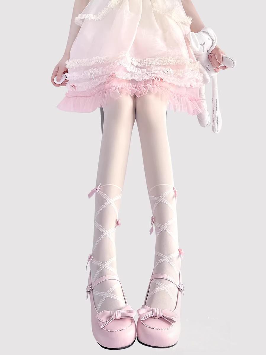 Daily Lolita Summer Pantyhose, Delicate Bows Pink Bows One Size