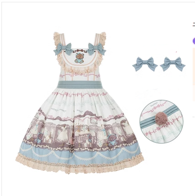 With Puji~Brown Doll House~Kawaii Lolita Brown Print JSK and OP Dress M white JSK+a pair of bows 