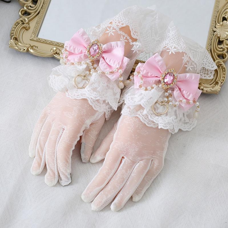 Xiaogui~Vintage Lolita Gloves Lace Bow Bead Chain Sunscreen Gloves light pink  