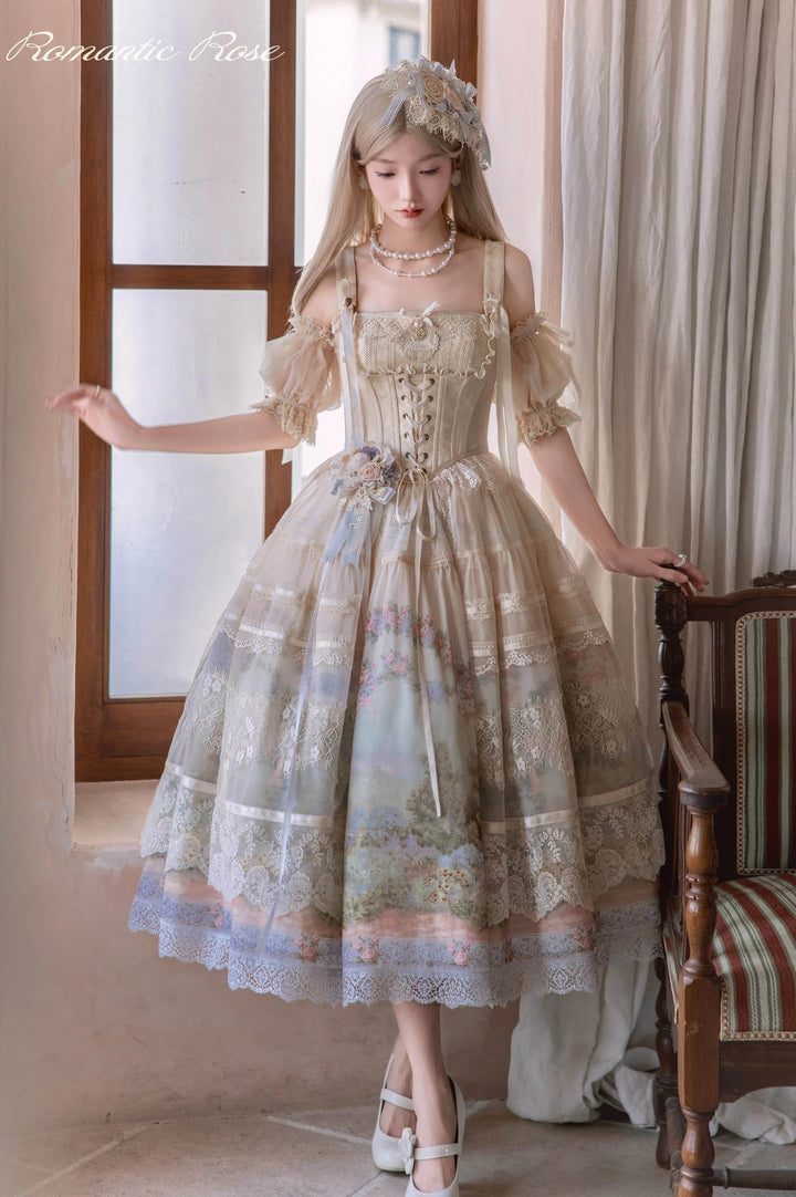 ZUOlanrichen~Romantic Rose~Classic Lolita Shirt with Puffy Sleeves Sheer Skirt Overlay