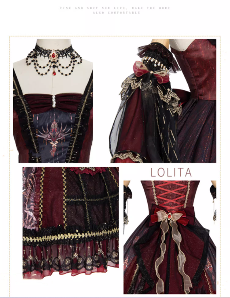 YingLuoFu - Black Red Retro Palace Elgant Classical Lolita JSK