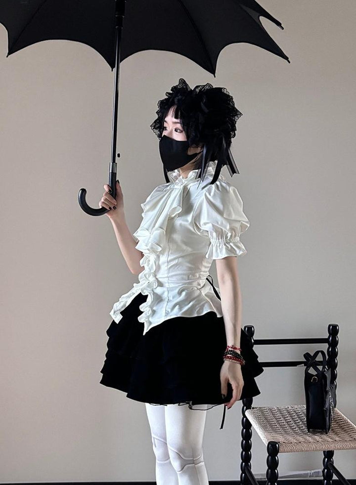 FlowerFairyDaily~Trace Night~Gothic Lolita Short-sleeved Shirt with Adjustable Waist