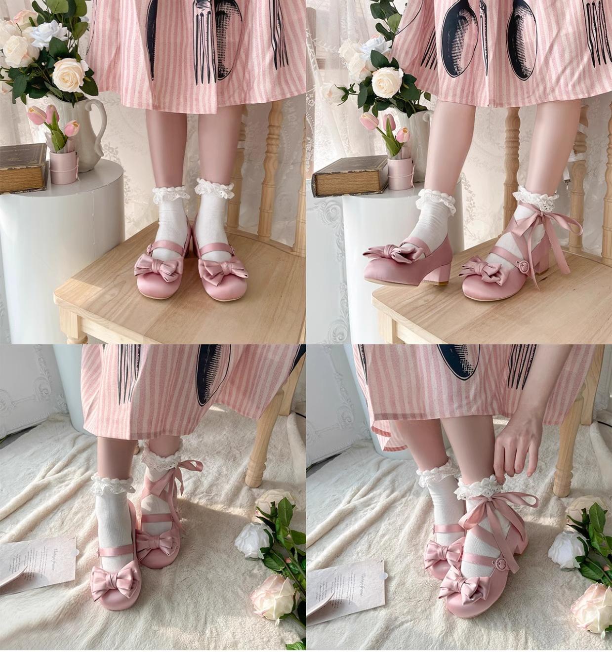 MODO~Sissi~Sweet Lolita Shoes Satin Low Chunky Heels with Bow 42594:749205