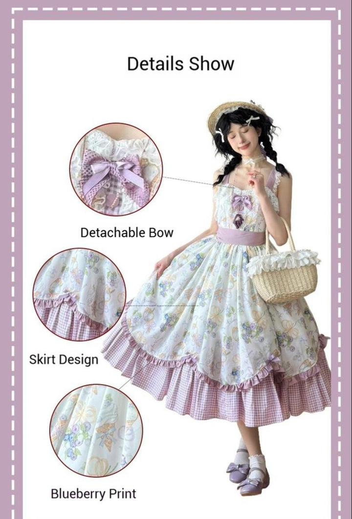Qianmu~Blueberry Summer~Classic Lolita JSK Dress with Large Hem and Cotton Lining