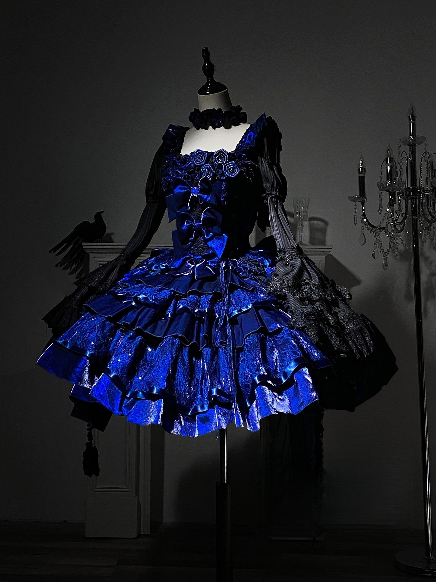 Eternal Night Rose - Gothic Lolita Doll Style JSK Dress, Tiered Ruffles Blue JSK Only S