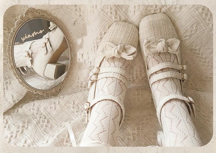 (BFM)Sheep Dairy~Elegant Lolita Shoes Mid-Heel Square Toe 34 white (silk fabric shoe upper) 