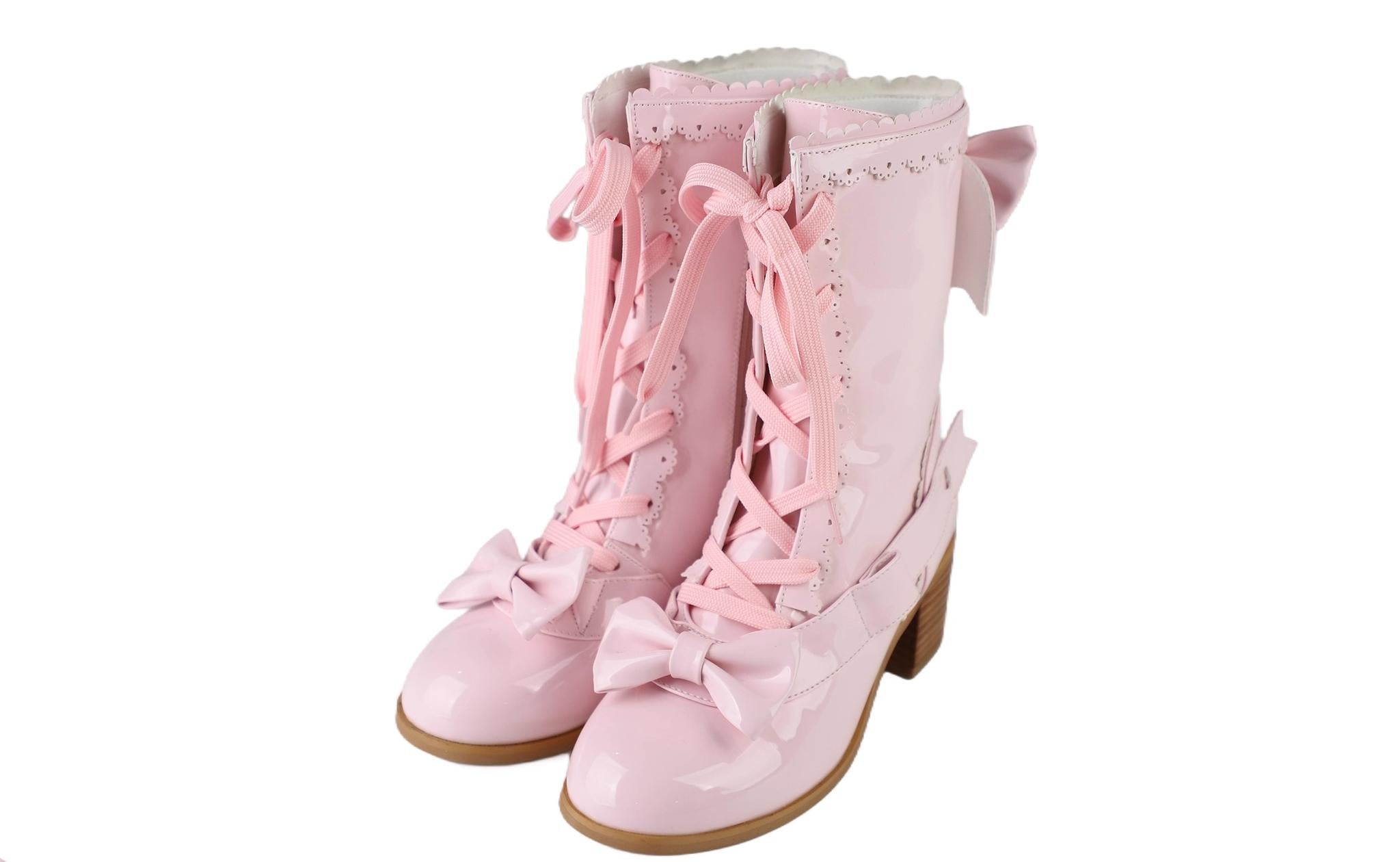 Sheep Puff - Sheepy Hooves - Kawaii Lolita Mid-Calf Boots, Side Zipper Patent Pink 34