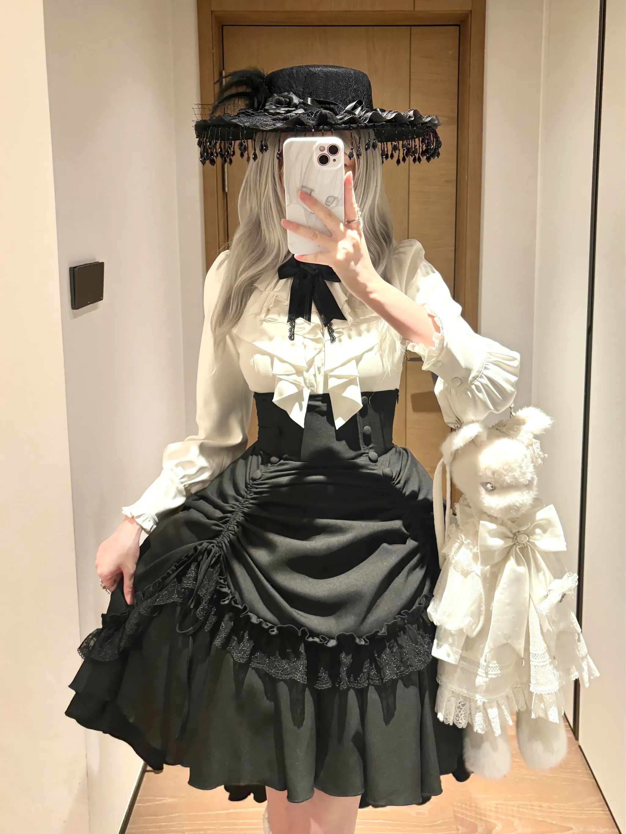 Petite Fangs - Gothic Lolita Fishbone Waist SK Dress, Drawstring Lift-up Hem Shirt Only S