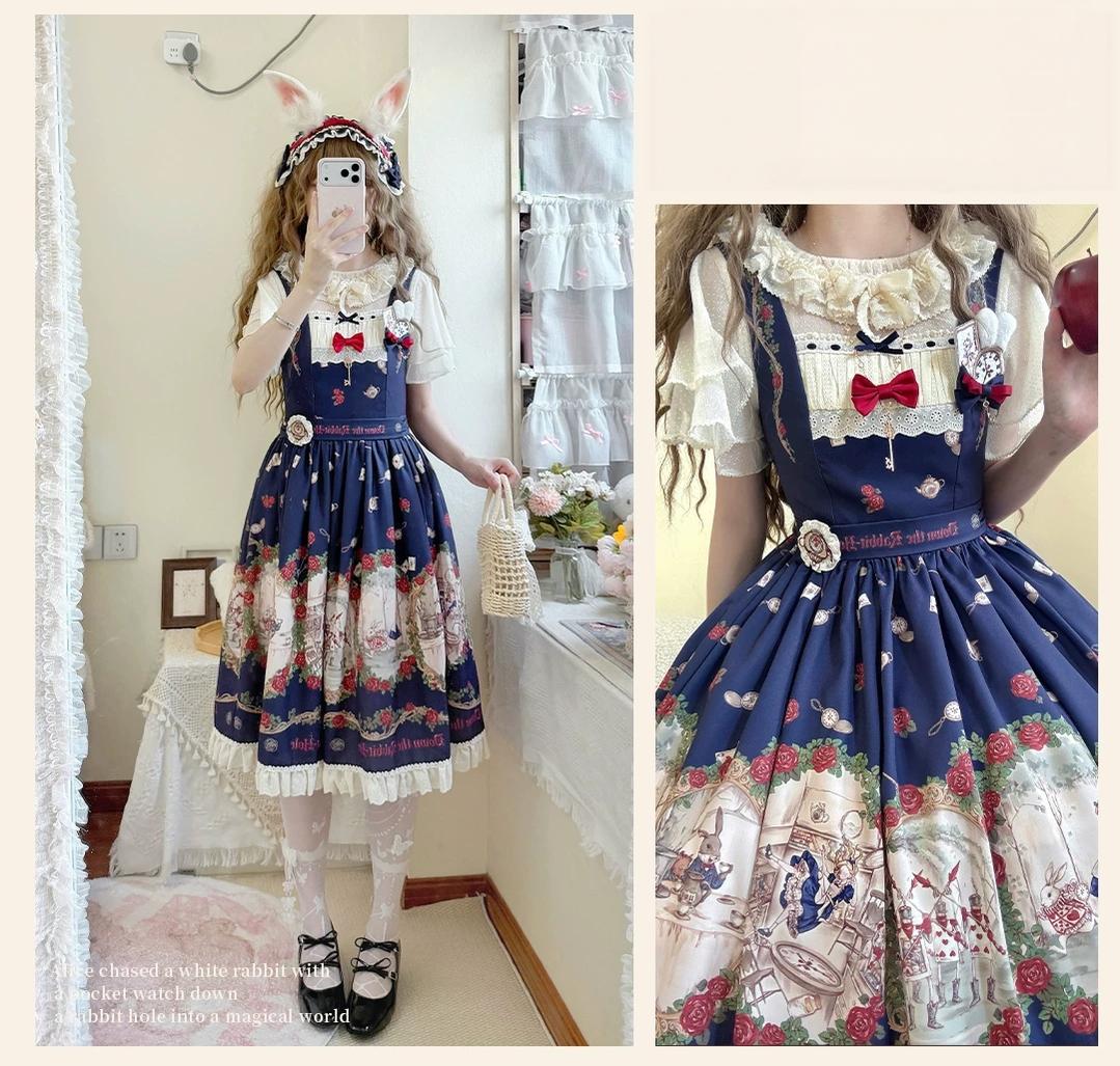 Down the Rabbit Hole - Daily Wear Classic Lolita OP & JSK Dress, Alice in Wonderland Print 46008:872000