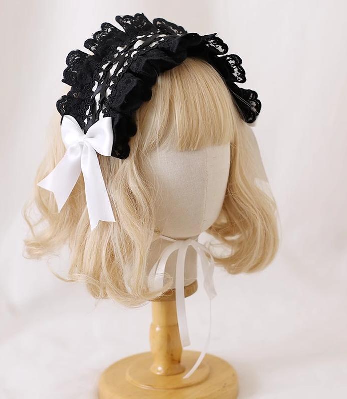 Xiaogui~Gothic Lolita Headband Cat Ear Hairpin White with black lace hair band  