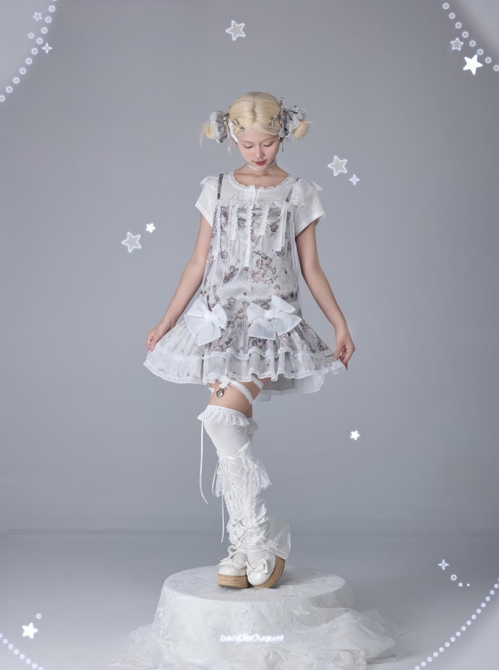 Bacio Bouquet~Hyaline Angel~Daily Lolita Low Waist Dress with Angle Print&Lace Detail Gray - S