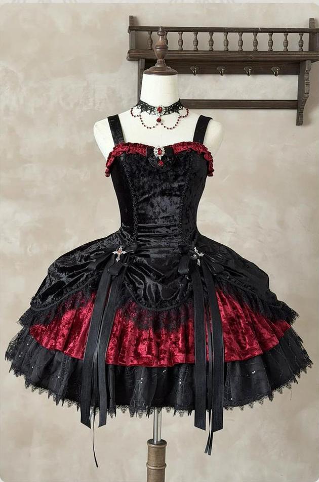 Dark Raven Poem - Gothic Lolita JSK & Bolero Dress Set, Diamond Velvet (Red / L M S XL) 45967:869847