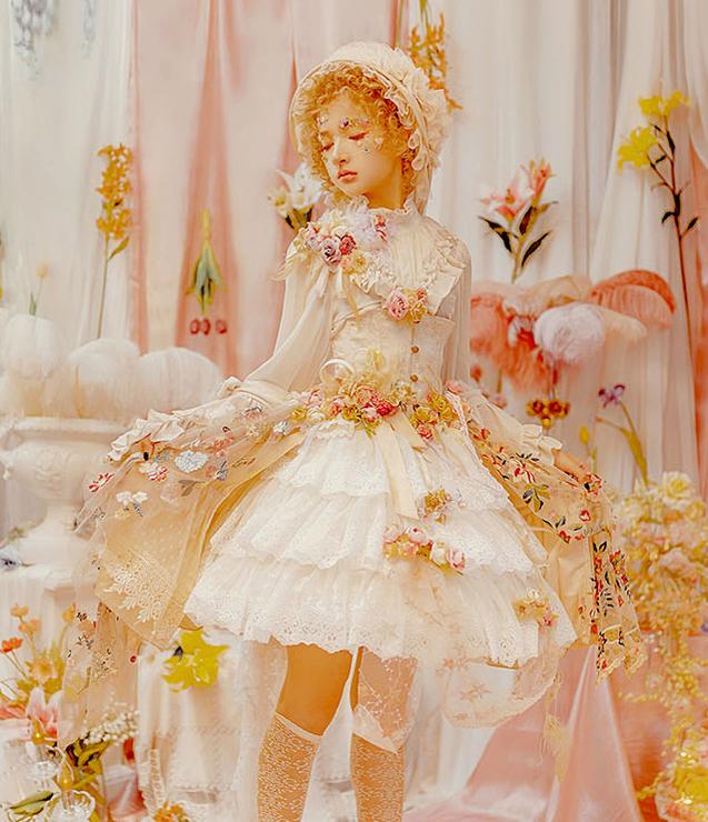 Sentaro - Elegant Lolita A-line Fish-bon Adjustable Tiered Skirt (beige) 15014:209090