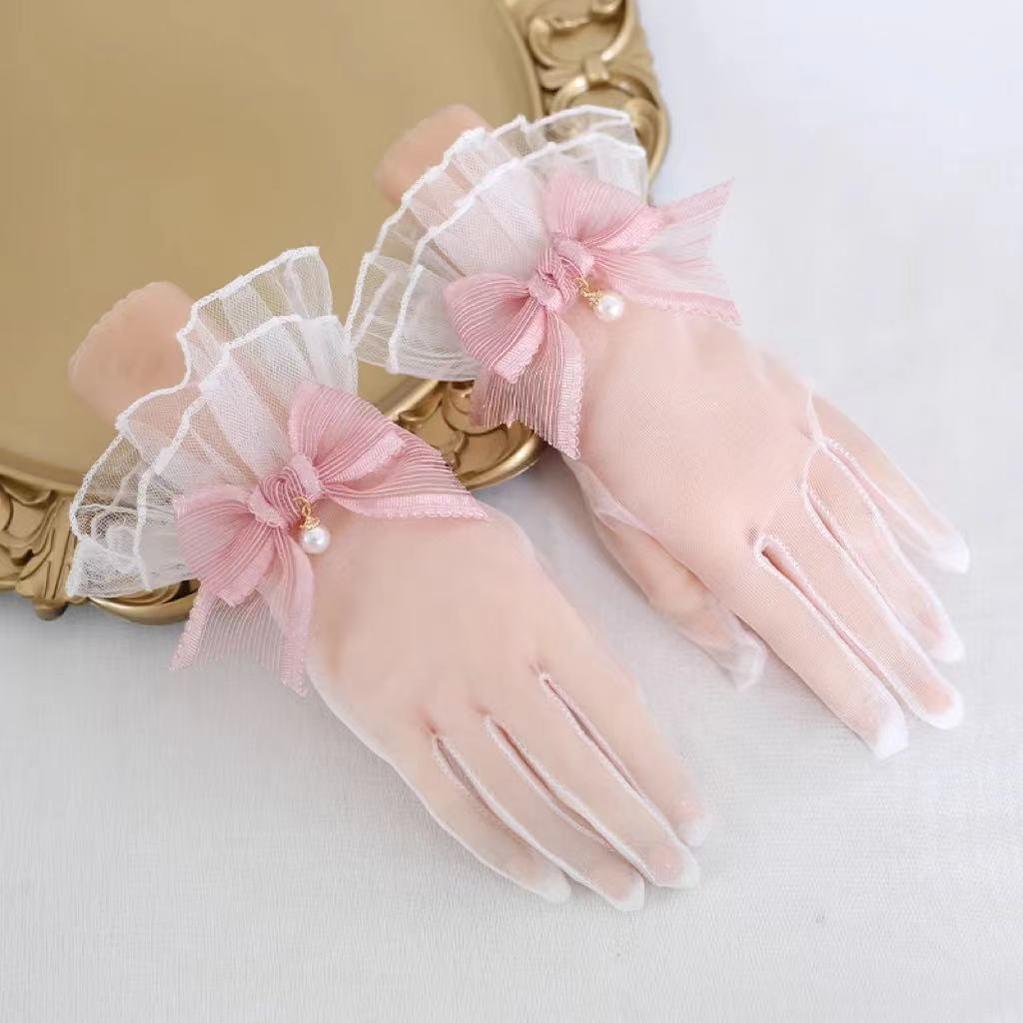 Xiaogui - Elegant Lolita Bow Gloves Retro Lolita Lace Glove One Size Korean pink
