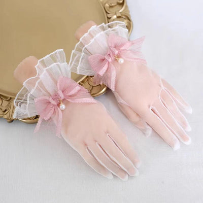 Xiaogui~Elegant Lolita Bow Gloves Retro Lolita Lace Glove One size fits all Korean pink 