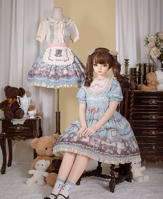 With Puji~Brown Doll House~Kawaii Lolita Brown Print JSK and OP Dress   