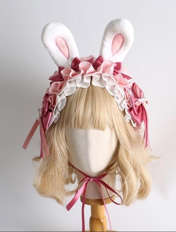 Xiaogui~Sweet Lolita Headdress Pink White Bunny Ear Hair Accessory