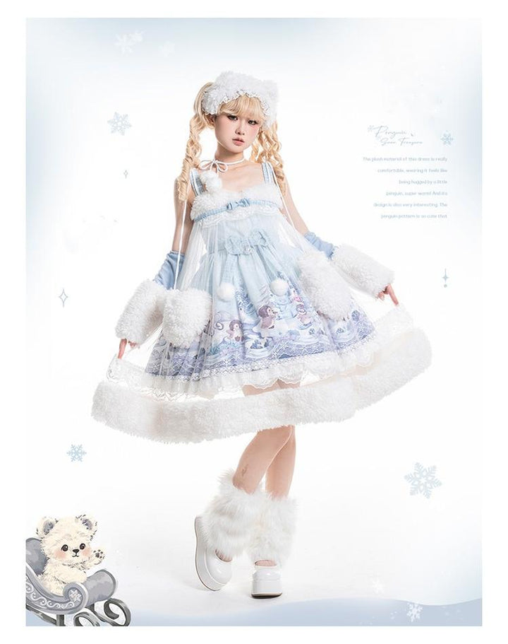 Spireme Cat~Penguin Snow Treasure~Kawaii Lolita JSK Penguin Printing Winter Dress headband(free size) S 