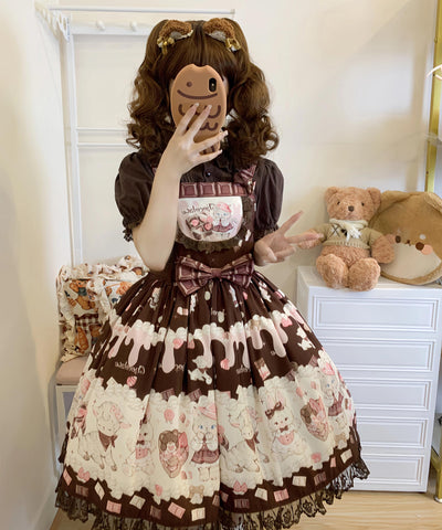 (BFM)TwilightCrush~Heartbeat Miao Qiao~Kawaii Lolita Salopette Summer Cat Print Dress S Chocolate JSK 