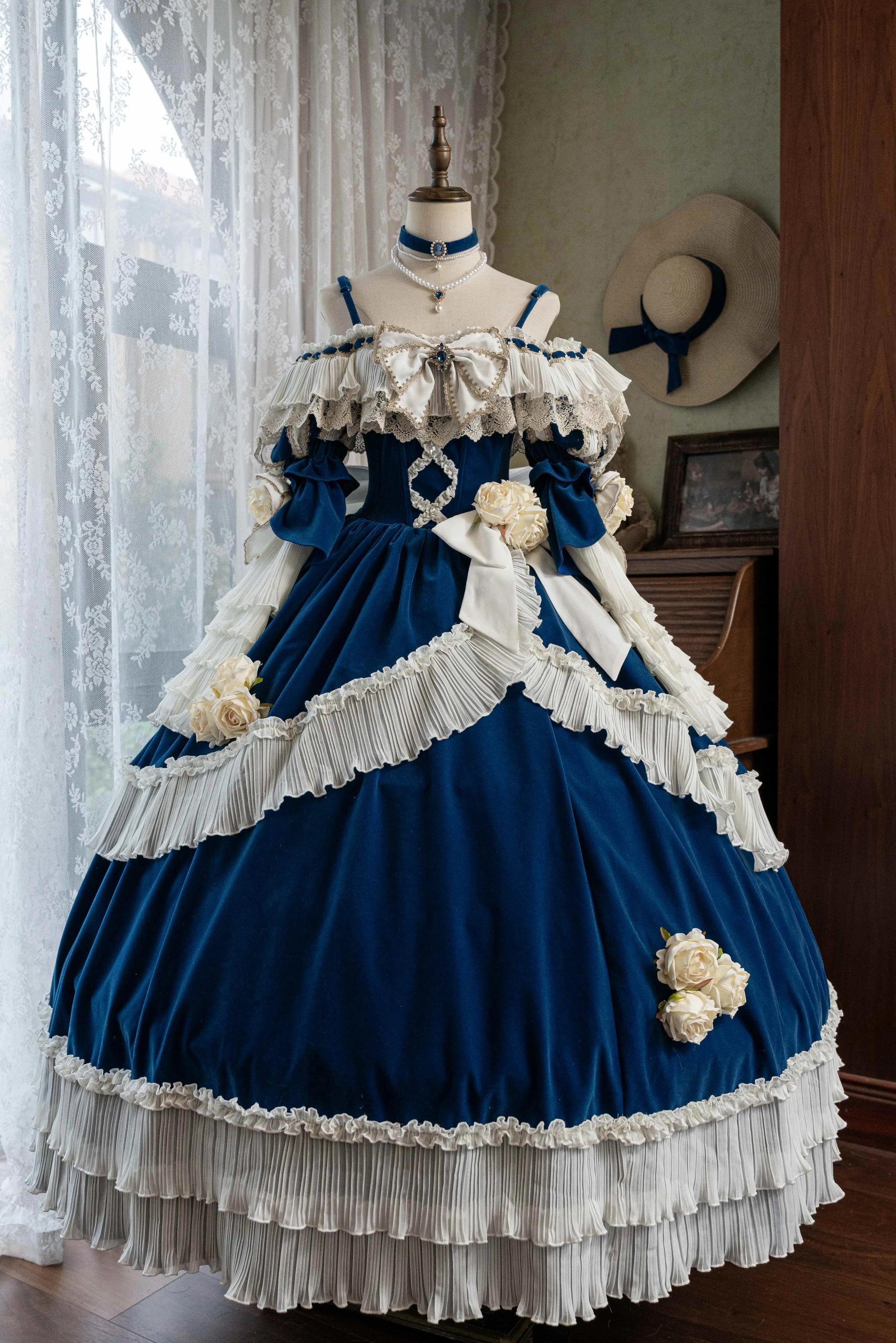Meowing and fruity - Rose Ode - Retro Elegant Lolita Satin OP with Rose Decorations Blue OP only - S
