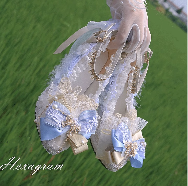 Hexagram~Elegant Lolita Flowers Wedding High-heels Customized 30 (heel height 6cm/3cm) light blue 